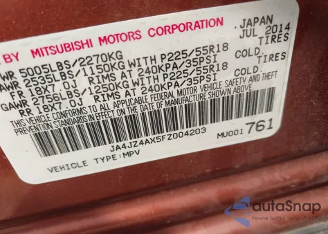 2015 Mitsubishi Outlander Gt z USA, uszkodzony, nr VIN JA4JZ4AX5FZ004203